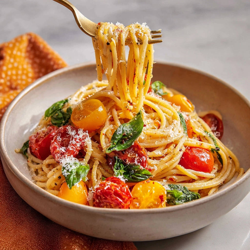Easy Blistered Tomato & Basil Spaghetti with a forkful lifted showing clinging sauce and fresh basil.