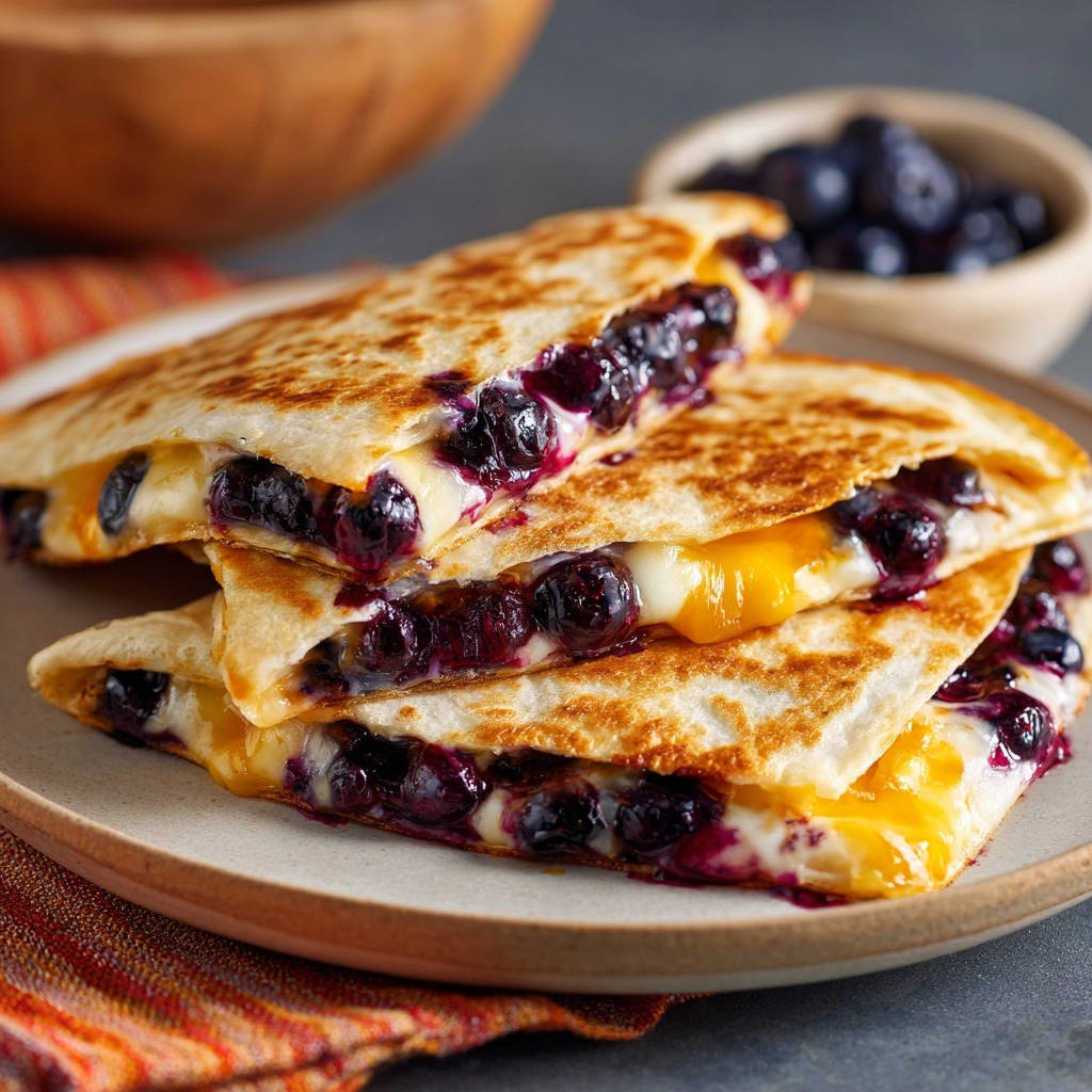 Sweet & Savory Blueberry Cheese Quesadillas shown in a close-up cross-section revealing the gooey melted cheese and blueberries.