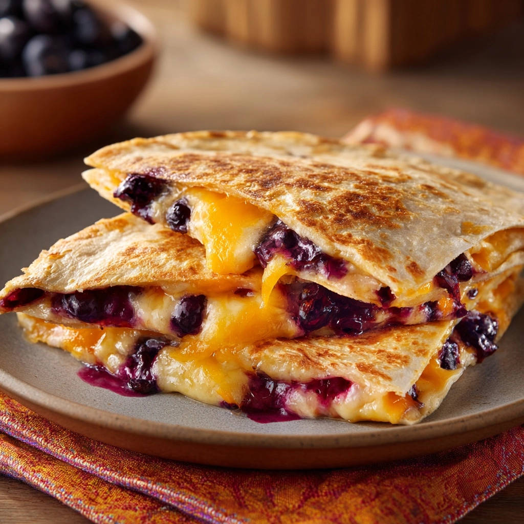 Sweet &amp; Savory Blueberry Cheese Quesadillas shown in a close-up cross-section revealing melted cheese and blueberries.