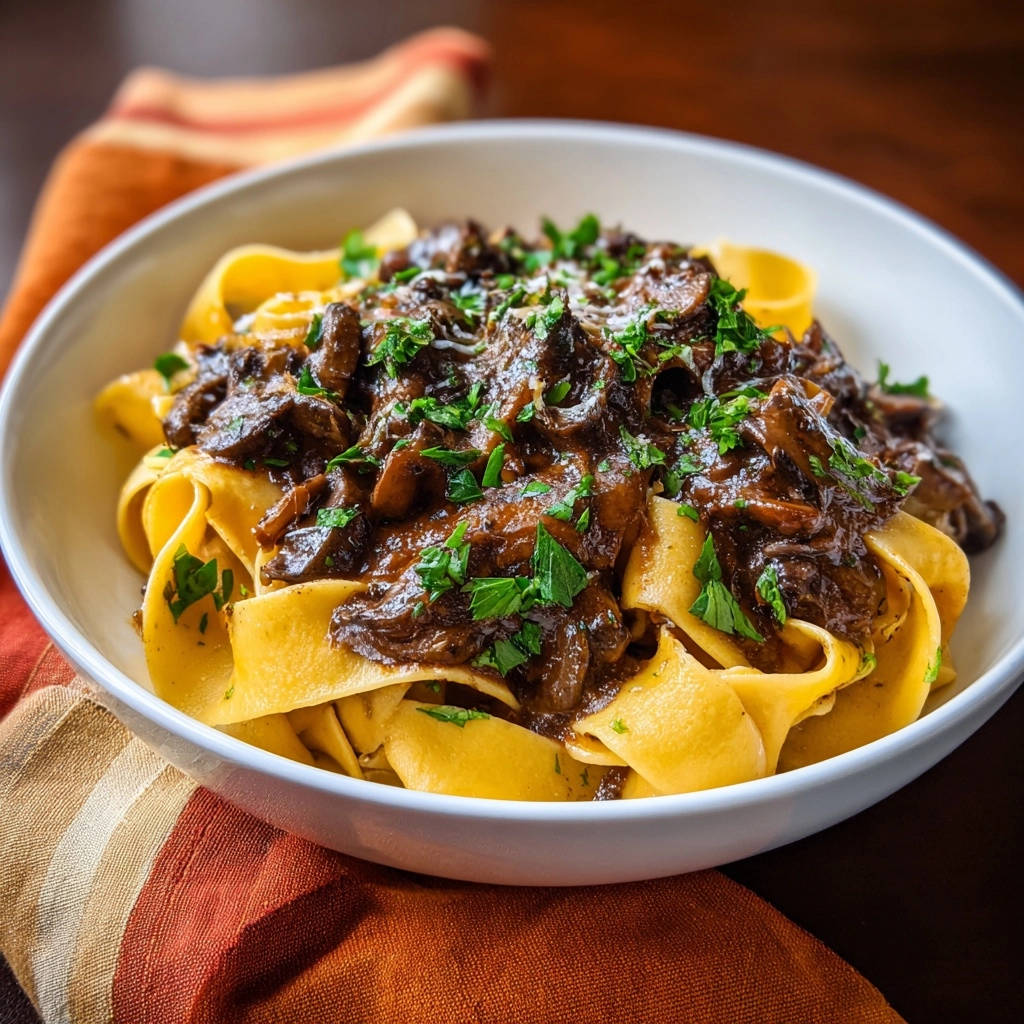 Braised beef ragu with pappardelle served in a white bowl, garnished with fresh parsley.