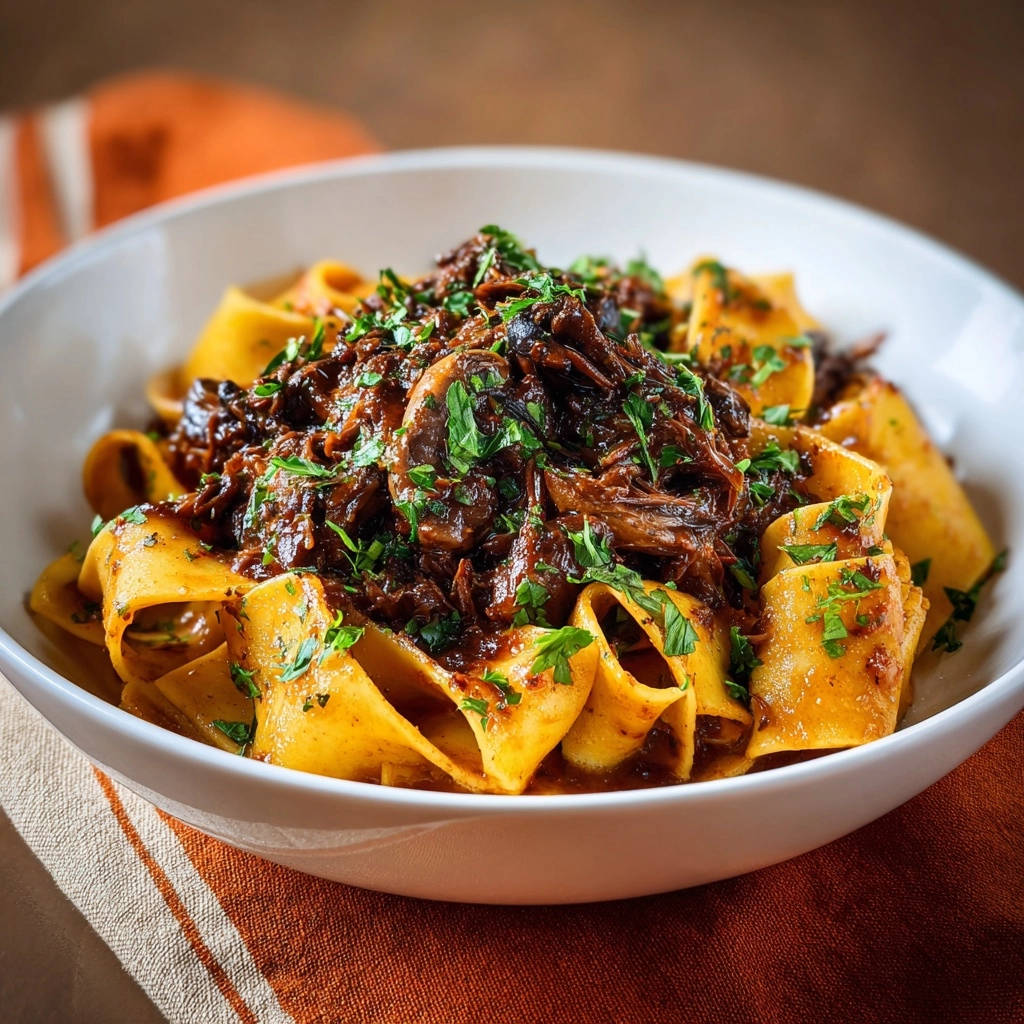 Braised beef ragu with pappardelle pasta served in a white bowl, generously garnished with fresh parsley.