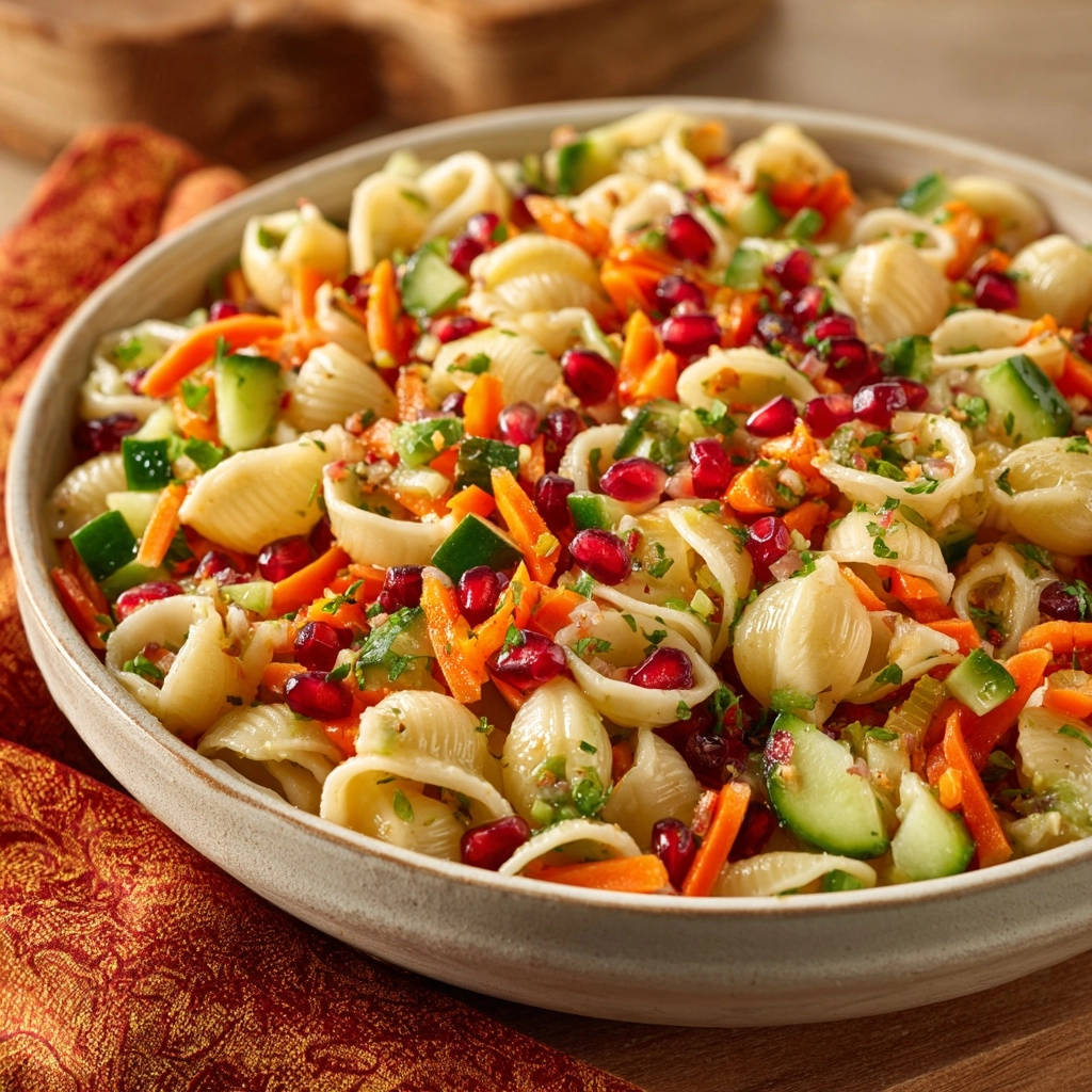 Bright and zesty pasta salad served in a bowl, featuring pasta shells, cucumber, carrots, and pomegranate seeds.