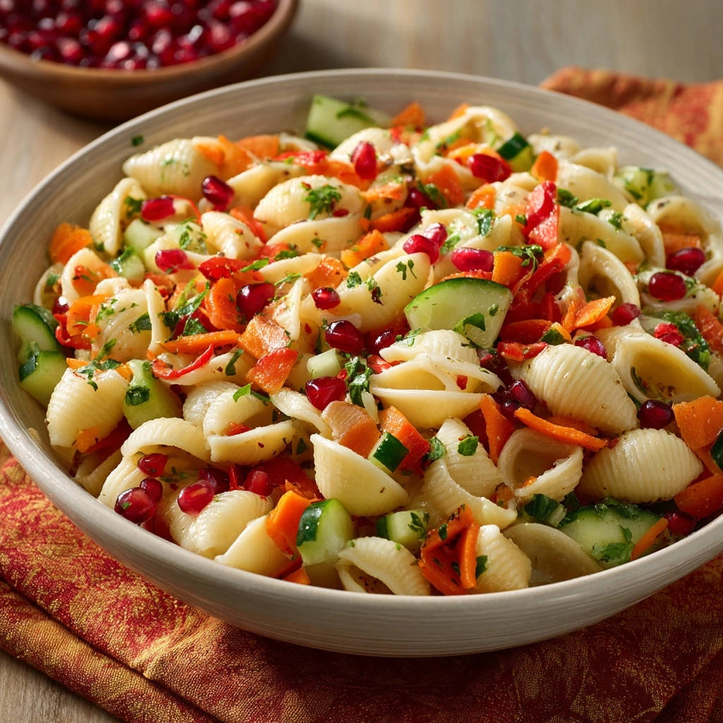 Bright & Zesty Pasta Salad featuring shell pasta, cucumber, carrots, and pomegranate seeds in a close-up view.