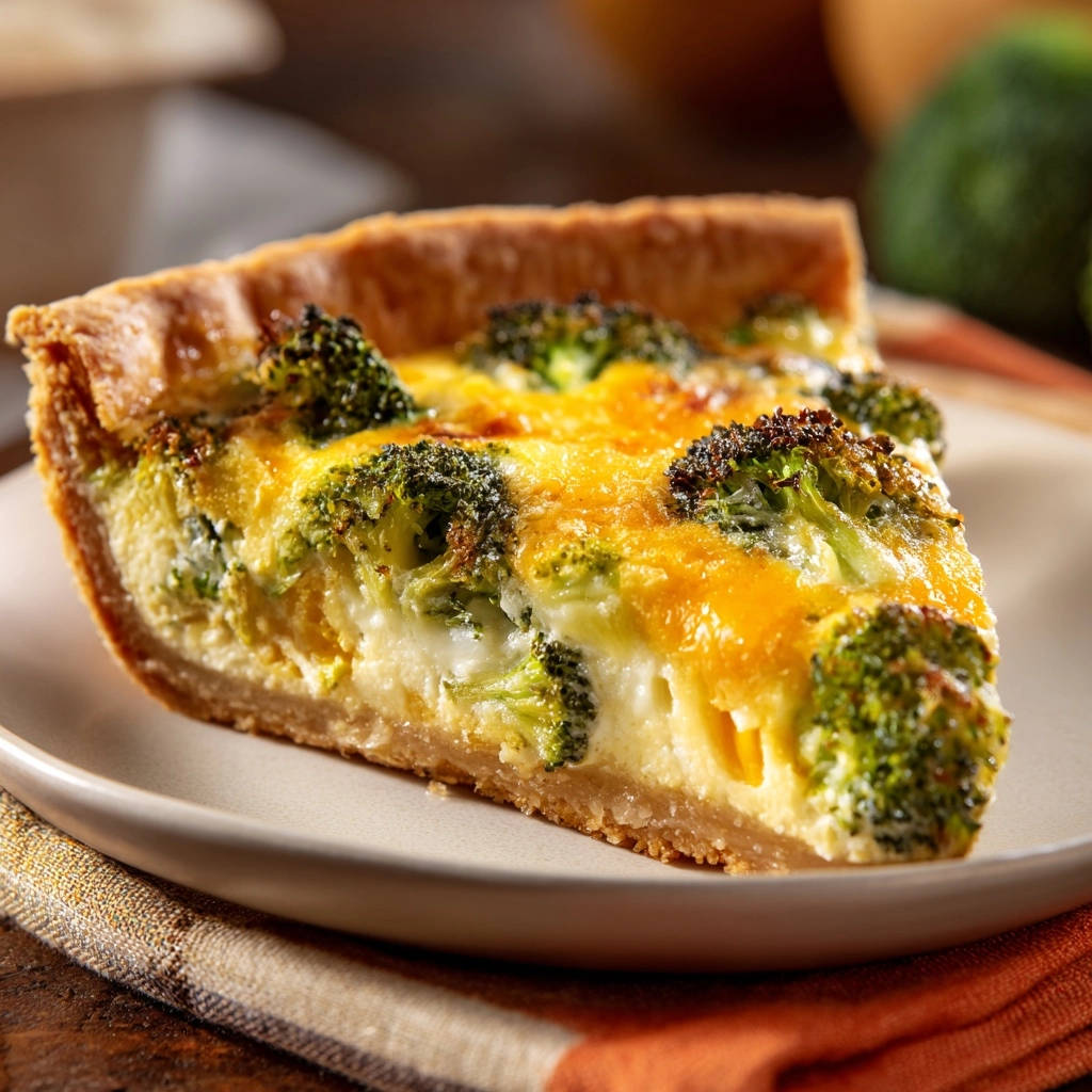 Classic broccoli cheddar quiche cross-section slice showing the flaky crust and rich filling.