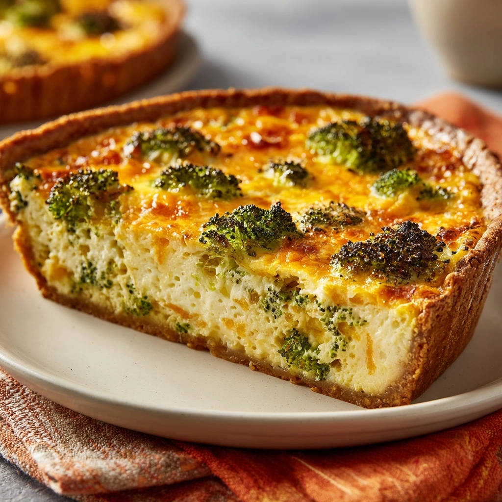 Classic broccoli cheddar quiche shown as a close-up cross-section slice on a white plate.