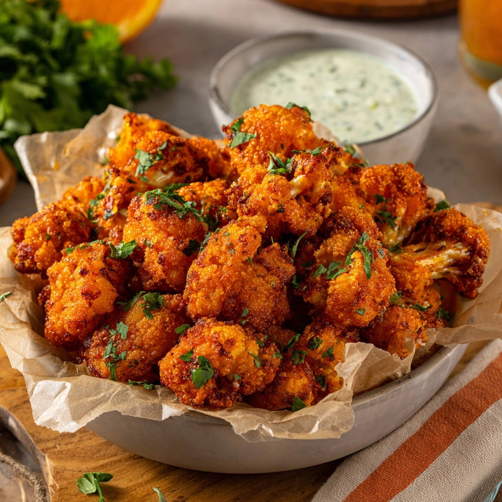 Crispy buffalo cauliflower bites garnished with fresh parsley in a bowl shown in close-up detail.