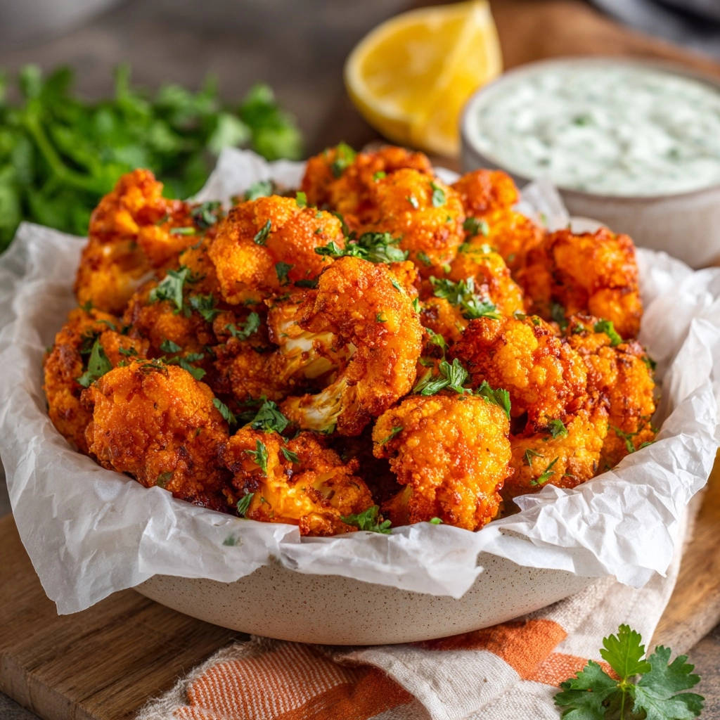 Crispy buffalo cauliflower bites generously garnished with fresh parsley in a serving bowl.
