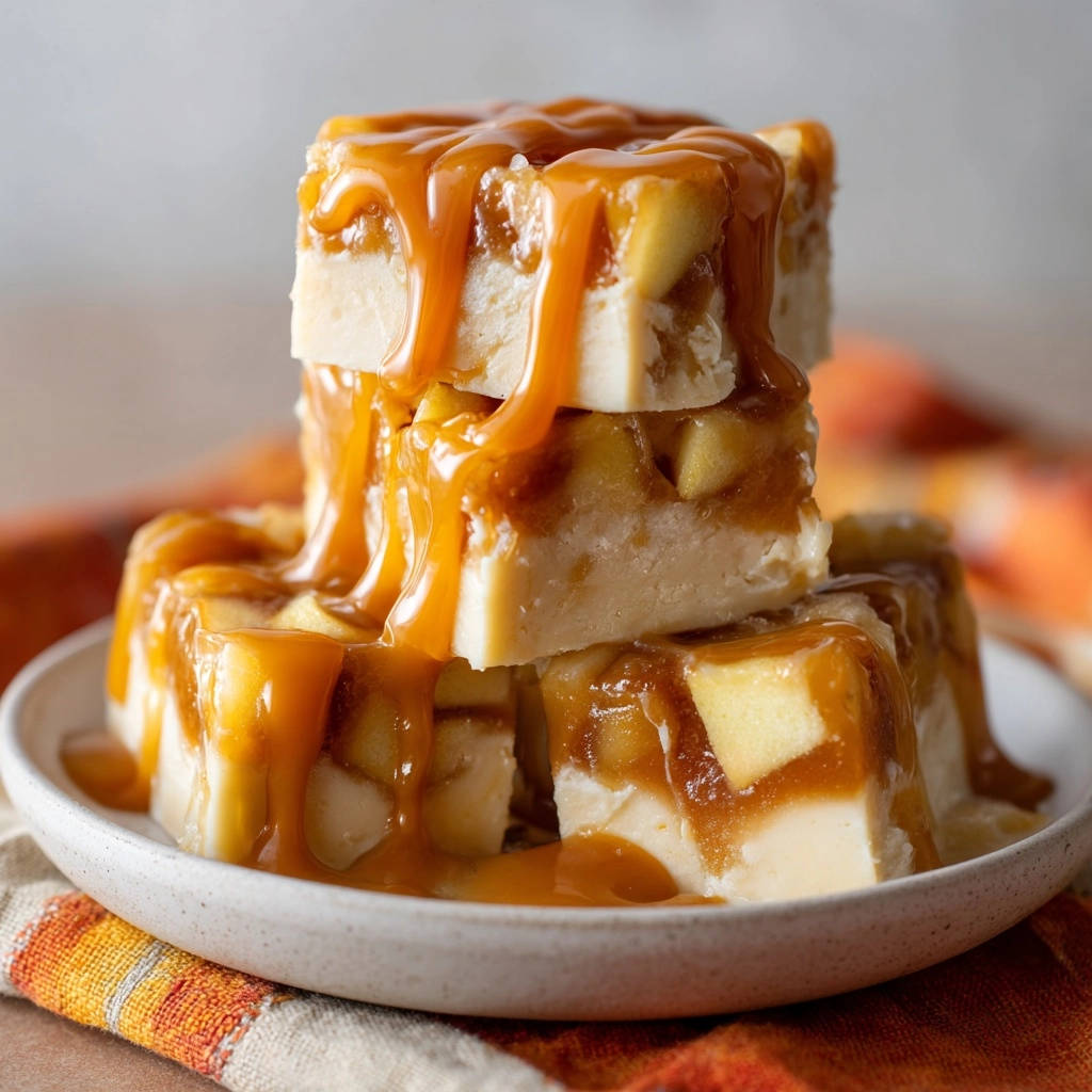 Creamy caramel apple fudge stacked high and generously drizzled with glossy caramel sauce.