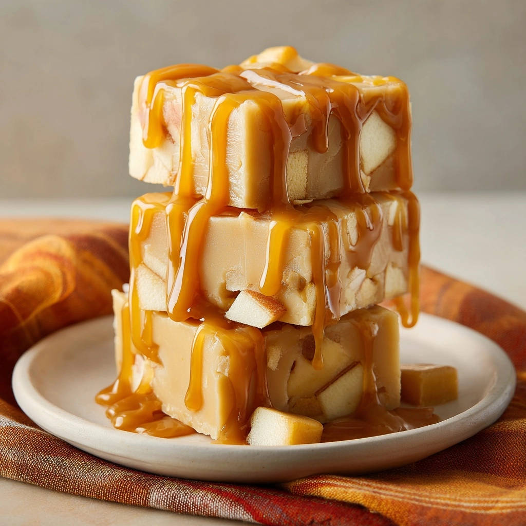 Creamy Caramel Apple Fudge stacked high on a white plate, generously drizzled with thick caramel sauce.