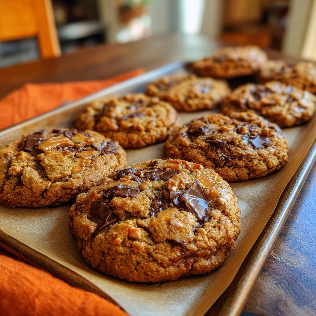 Caramel chocolate chip cookies, showcasing their gooey, chewy texture and chocolate chunks on a baking sheet.