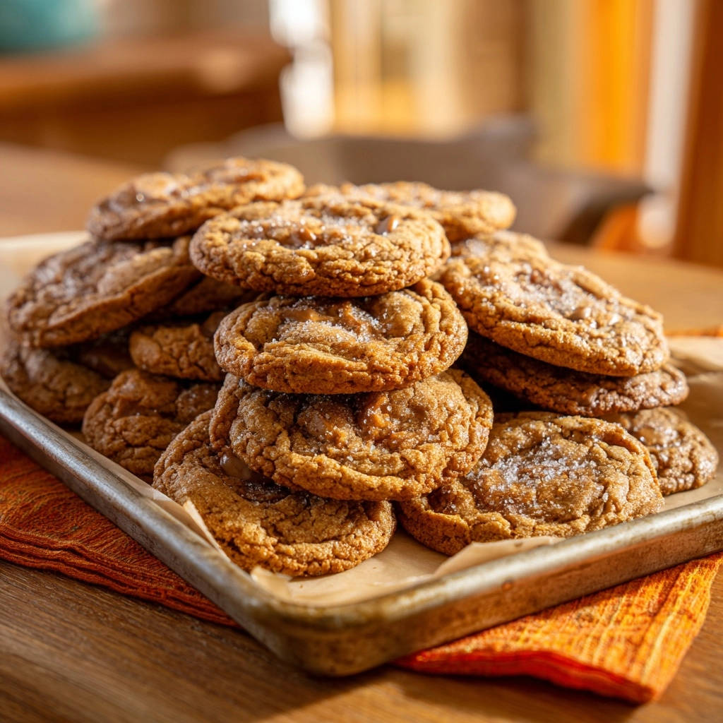Caramel chocolate chip cookies, a close-up shot revealing a pile of chewy, gooey cookies with sparkling sugar crystals.