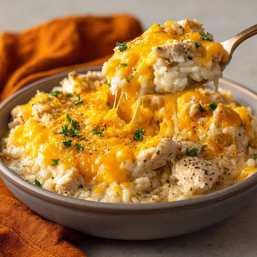 Cheesy baked chicken and rice with a spoon pulling up gooey melted cheese, showing the tender chicken and rice.
