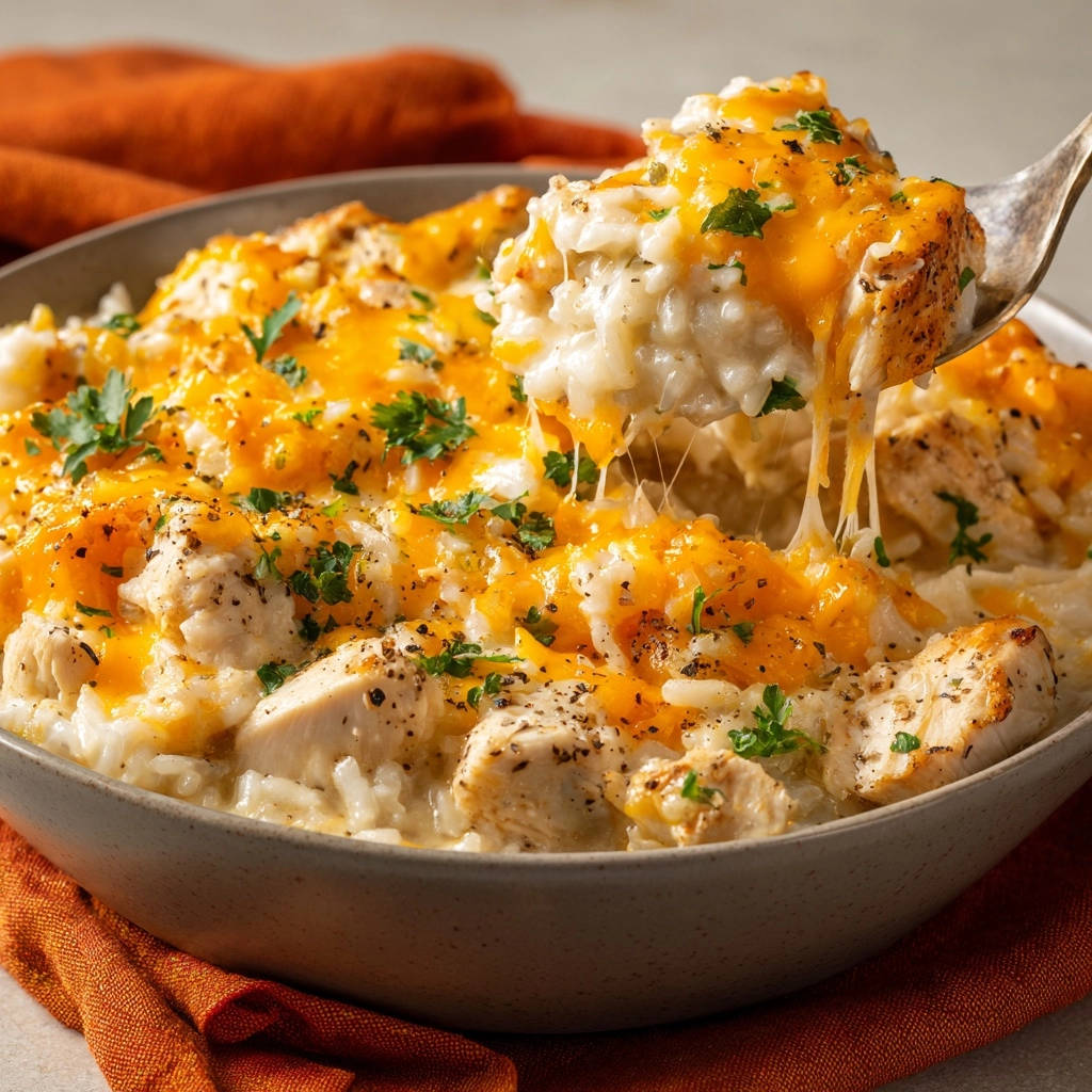 Cheesy baked chicken and rice shown with a spoonful being lifted, revealing melted cheese strands.