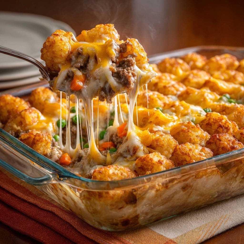 Cheesy beef and tater tot casserole with melted cheese strings being pulled from a serving spoonful.