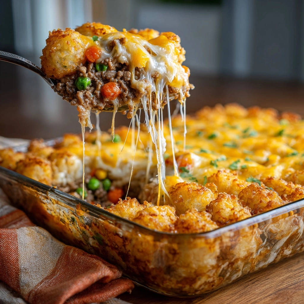 Cheesy beef and tater tot casserole shown with a spoonful lifted, revealing melted cheese and layers of ground beef and vegetables.