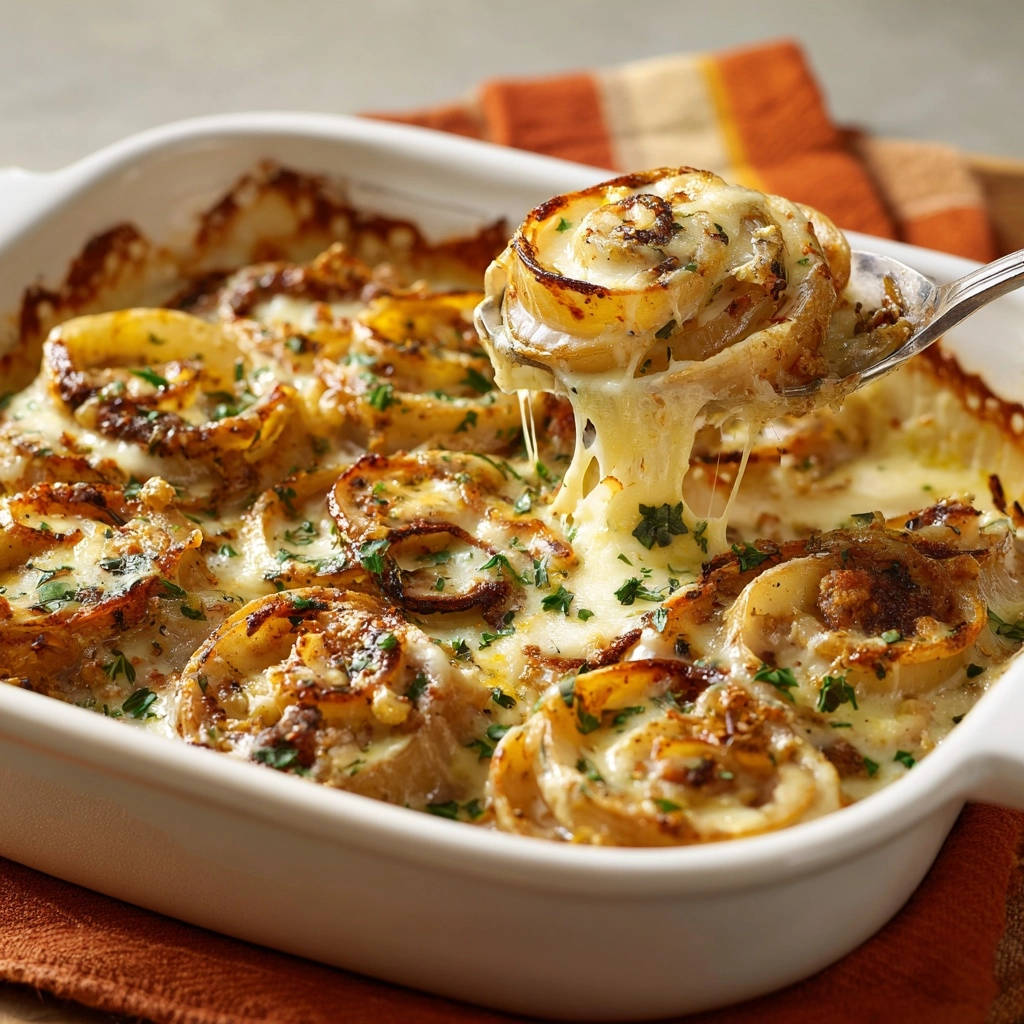 Cheesy caramelized onion bake shown with a spoonful of the dish pulling away, revealing melted cheese.