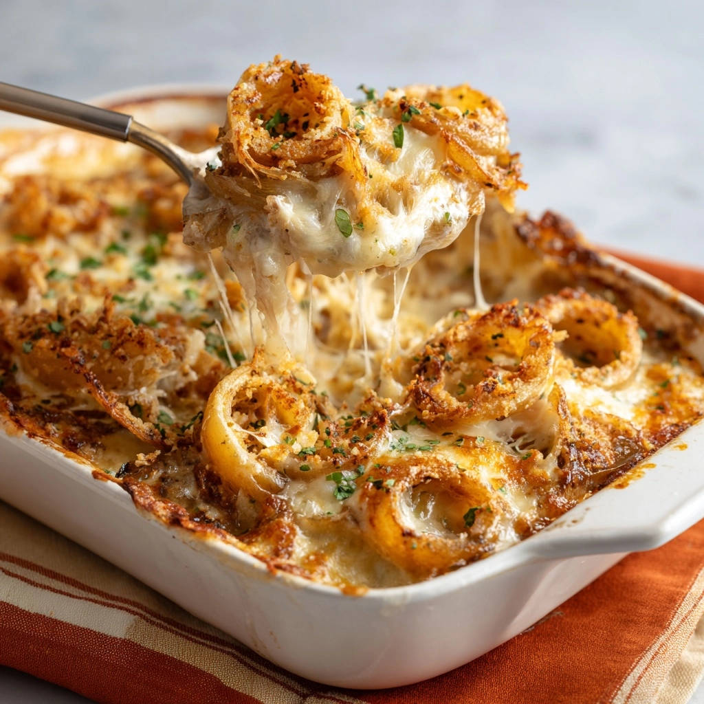 Cheesy caramelized onion bake with a spoonful of melted cheese being pulled from the dish, showing a golden topping.