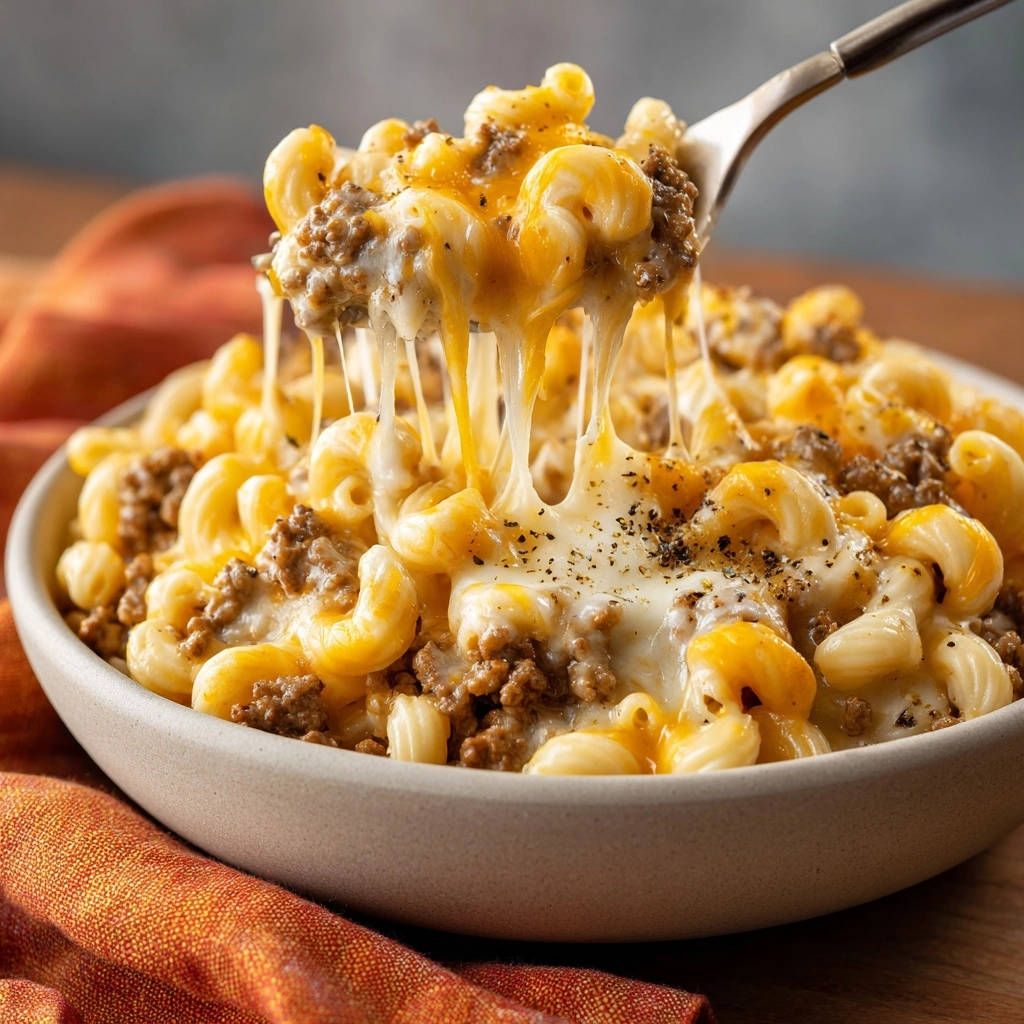 Cheesy ground beef macaroni with a fork lifting a portion, showcasing gooey melted cheese strands.