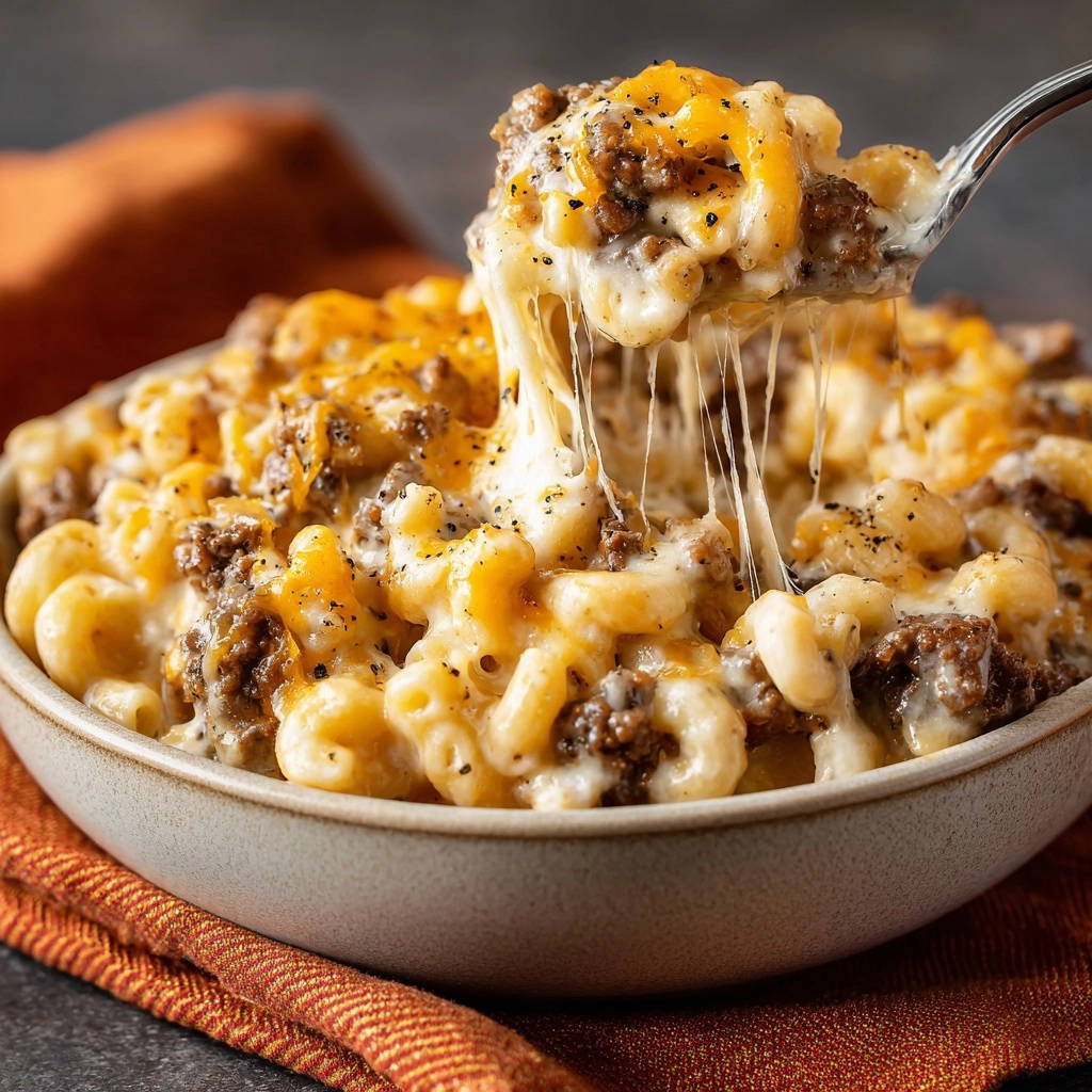 Cheesy ground beef macaroni with a fork lifting gooey, stretching cheese from the bowl.