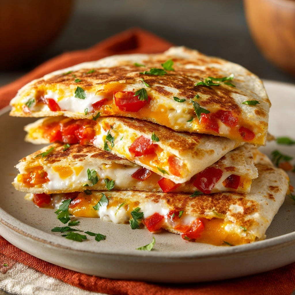 Crispy cheesy pepper quesadillas stacked in a cross-section, showing melted cheese and red pepper filling.