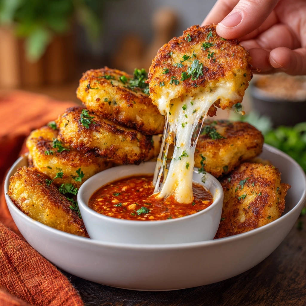Golden cheesy potato bites with a gooey cheese pull dipping into a red sauce.