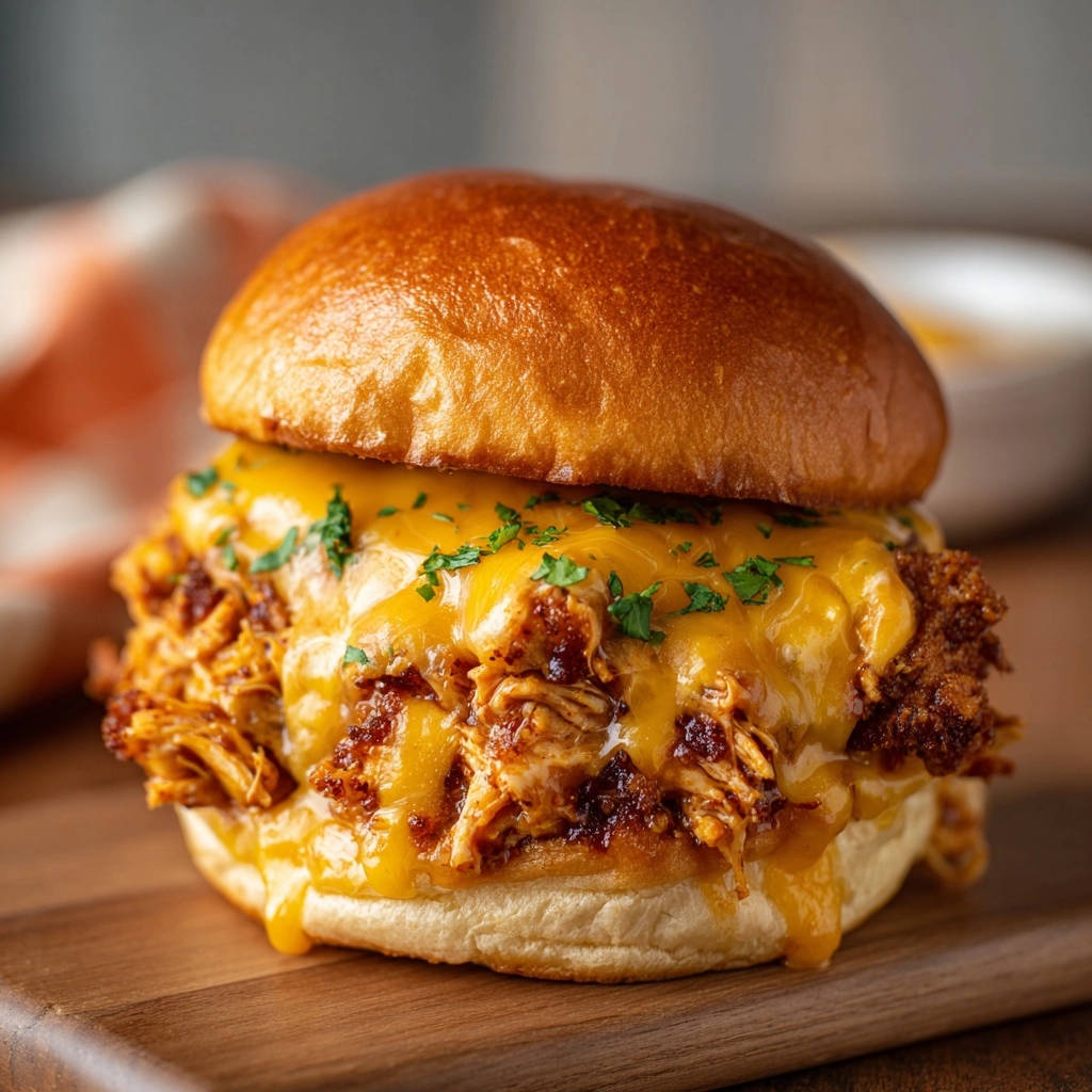 Cheesy pulled chicken sandwiches with melted cheddar cheese and a sprinkle of fresh parsley garnish.