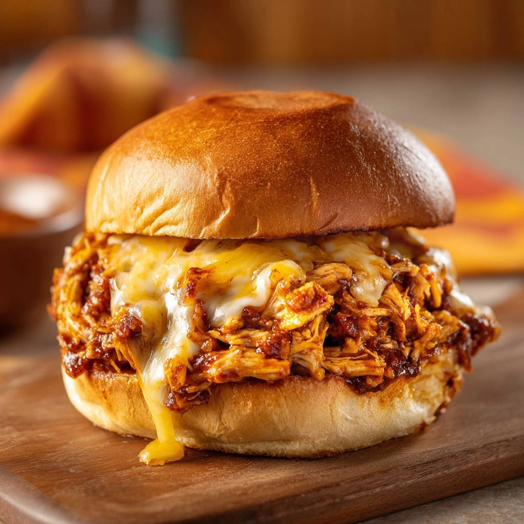 Cheesy pulled chicken sandwiches with gooey melted cheese spilling out from a golden bun, close-up side view.