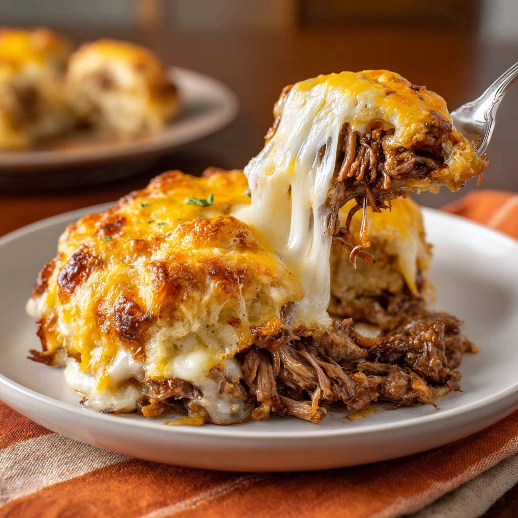 Cheesy shredded beef & biscuit bake with a fork lifting a cheesy, tender bite from the main dish.