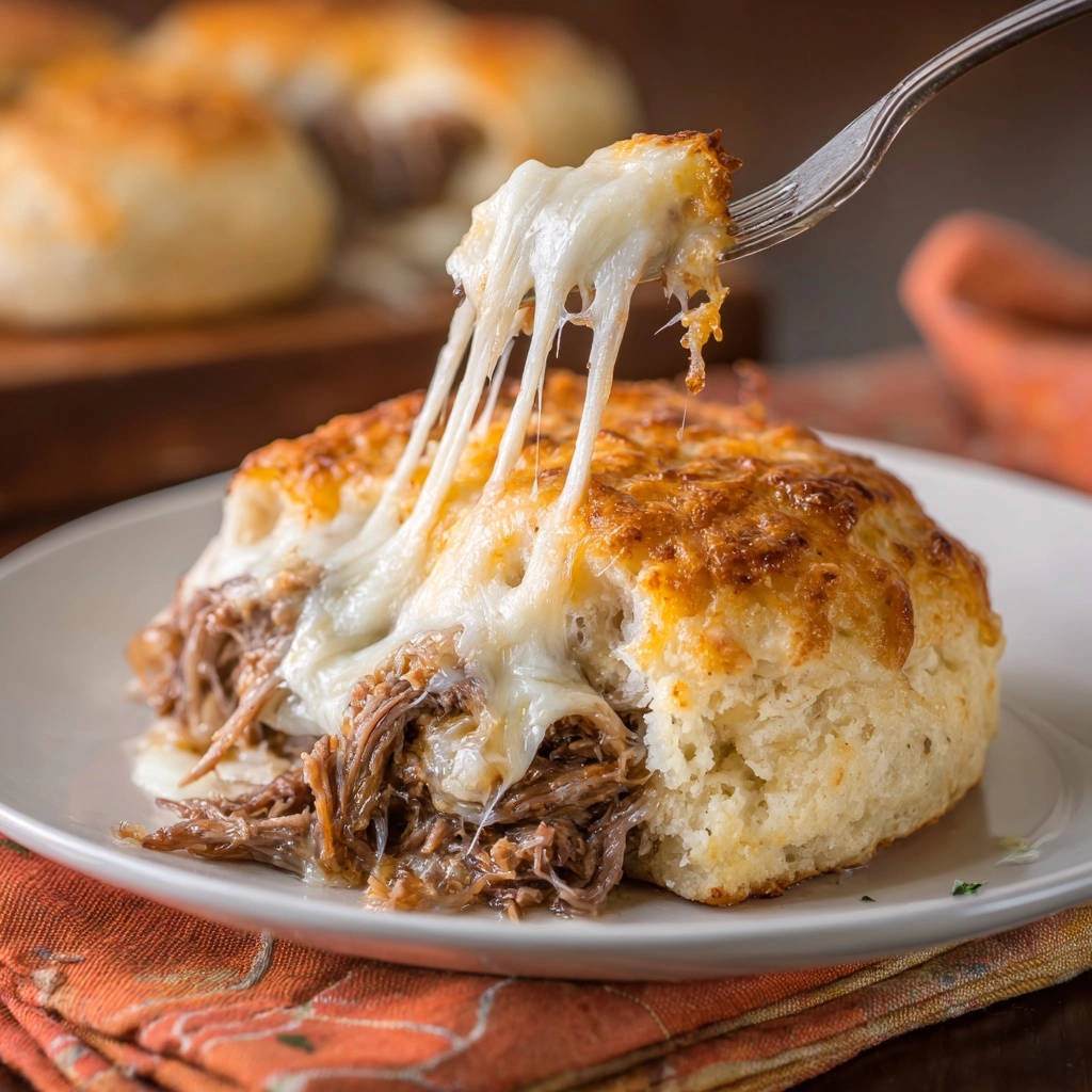 Cheesy shredded beef & biscuit bake with a fork pulling up gooey cheese, showing tender meat and golden crust.