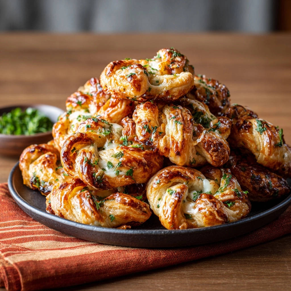 Cheesy spinach puff pastry twists piled high and golden brown, sprinkled with fresh parsley.