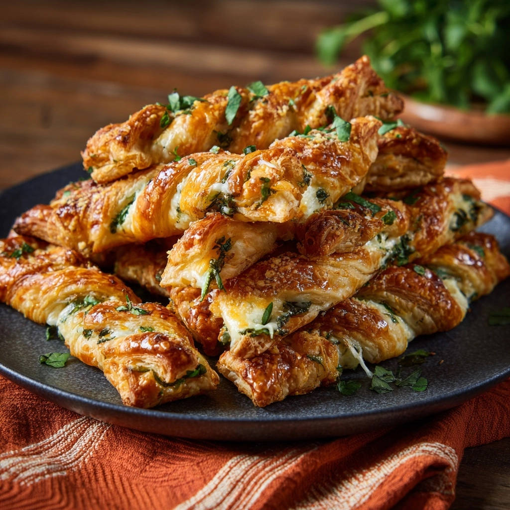 Cheesy spinach puff pastry twists stacked and garnished with parsley on a dark plate.
