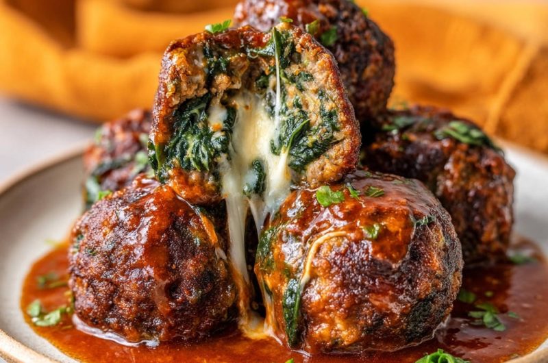 Cheesy Spinach Stuffed Meatballs