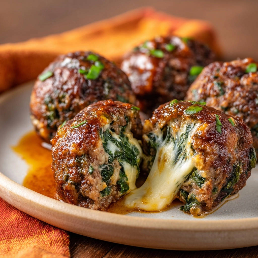 Cheesy spinach stuffed meatballs cross-section showing gooey melted cheese and a spinach filling.