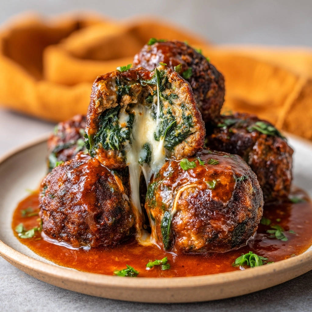 Cheesy spinach stuffed meatballs with gooey melted cheese spilling out of a cross-section.