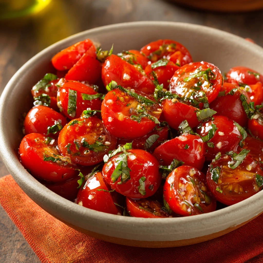 Cherry tomato & herb salad in a rustic bowl, showcasing the fresh, halved cherry tomatoes glistening with dressing and herbs.