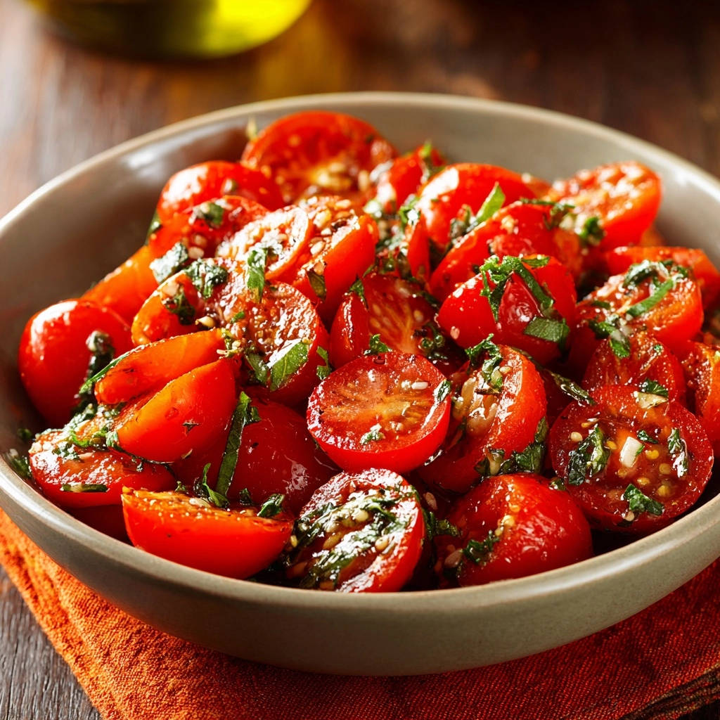 Cherry tomato & herb salad with sesame seeds and parsley shown in a close-up bowl view.