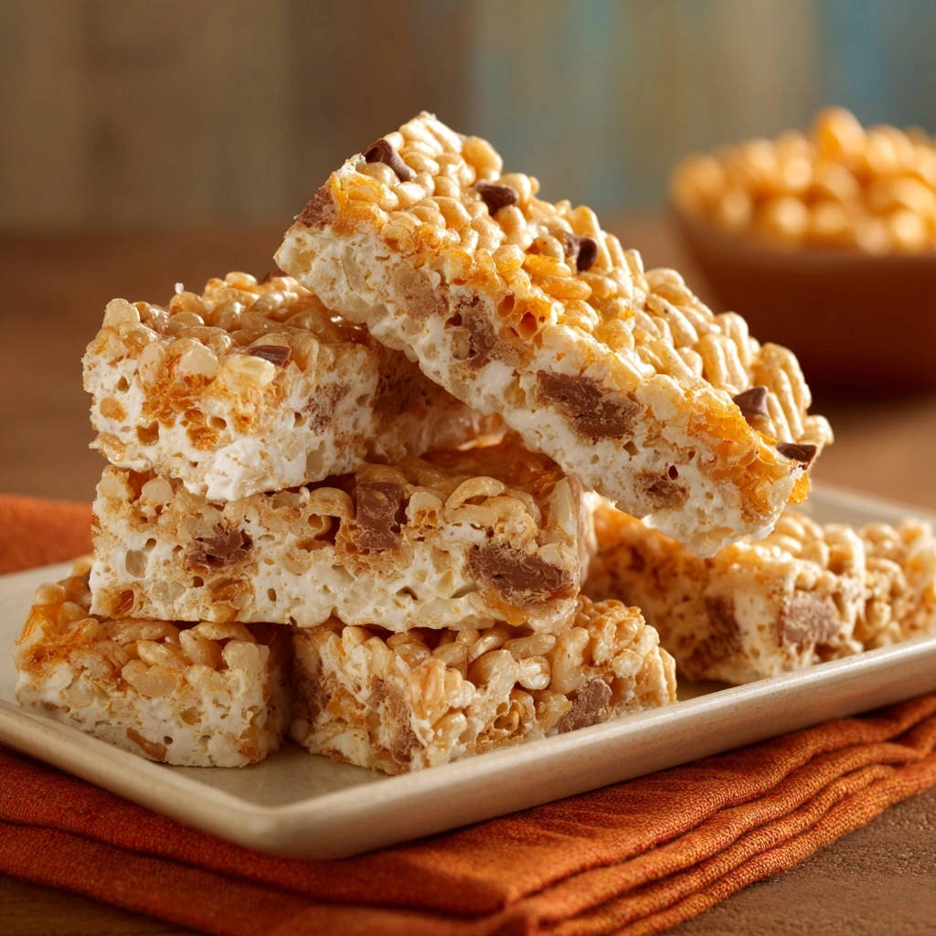 Chewy caramel chocolate cereal bars shown in a close-up cross-section, revealing layers of cereal, marshmallow, and chocolate chunks.