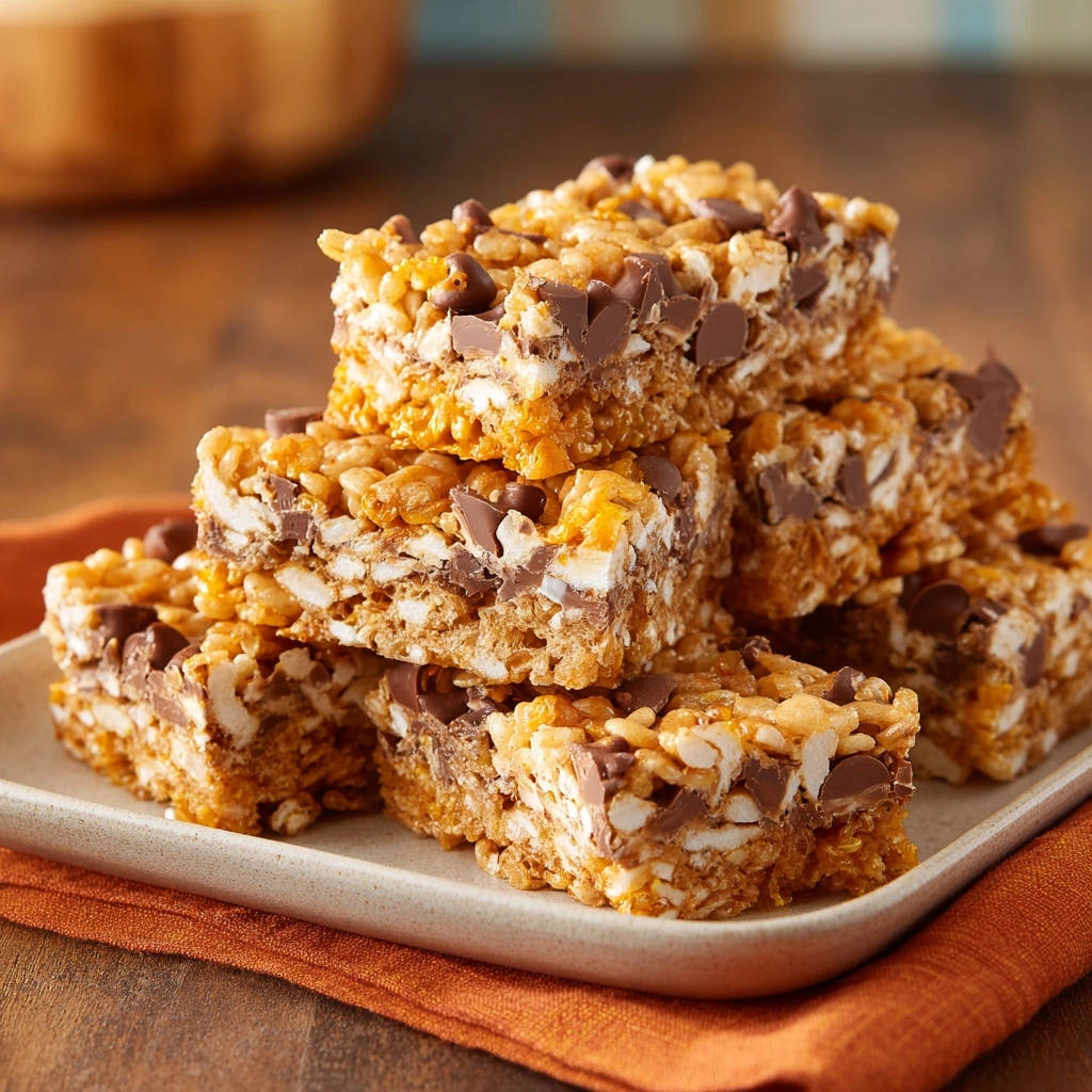 Chewy caramel chocolate cereal bars stacked high on a plate, showcasing their layered texture and chocolate chips.