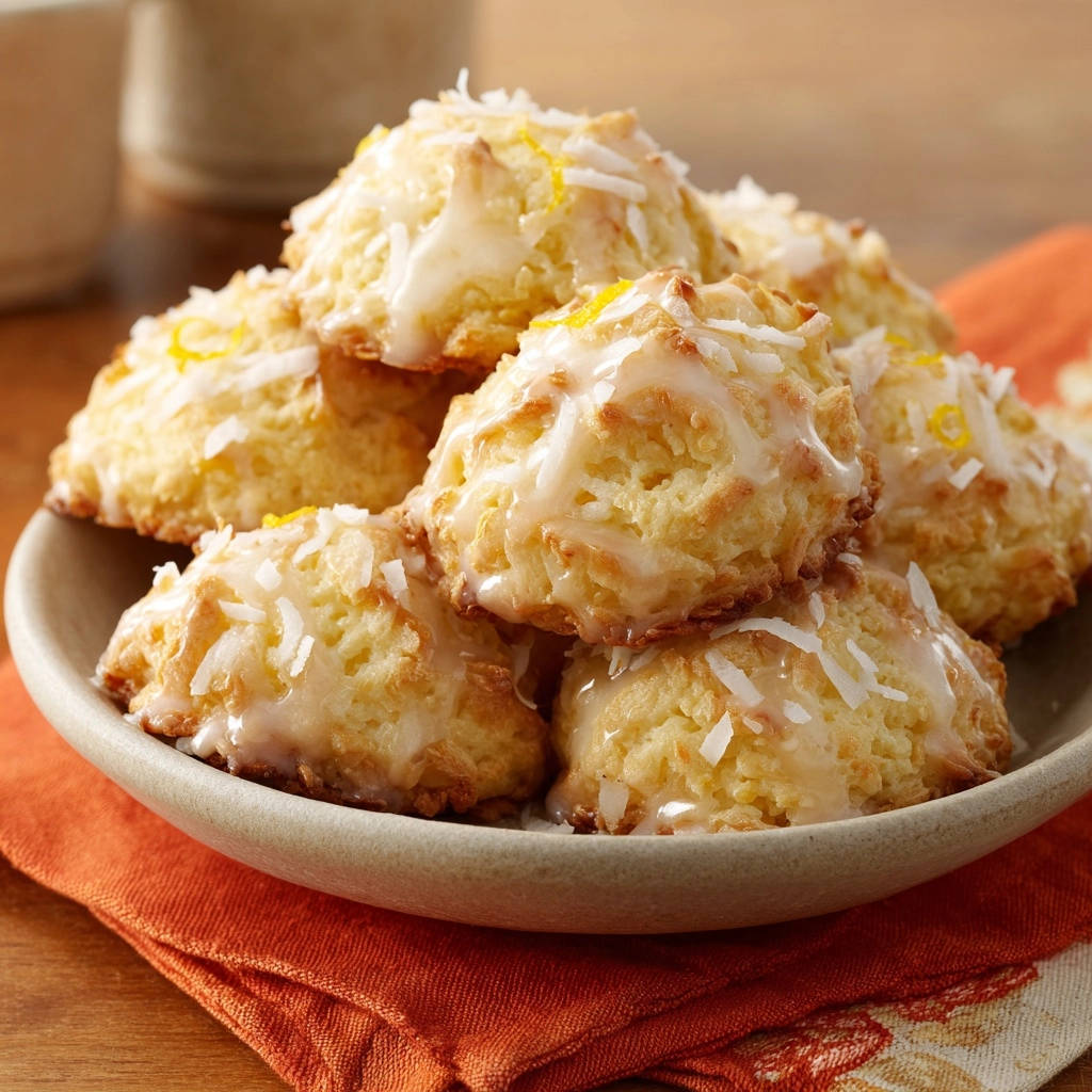 Chewy coconut macaroons are piled high in a light-colored bowl, drizzled with glaze and sprinkled with shredded coconut.