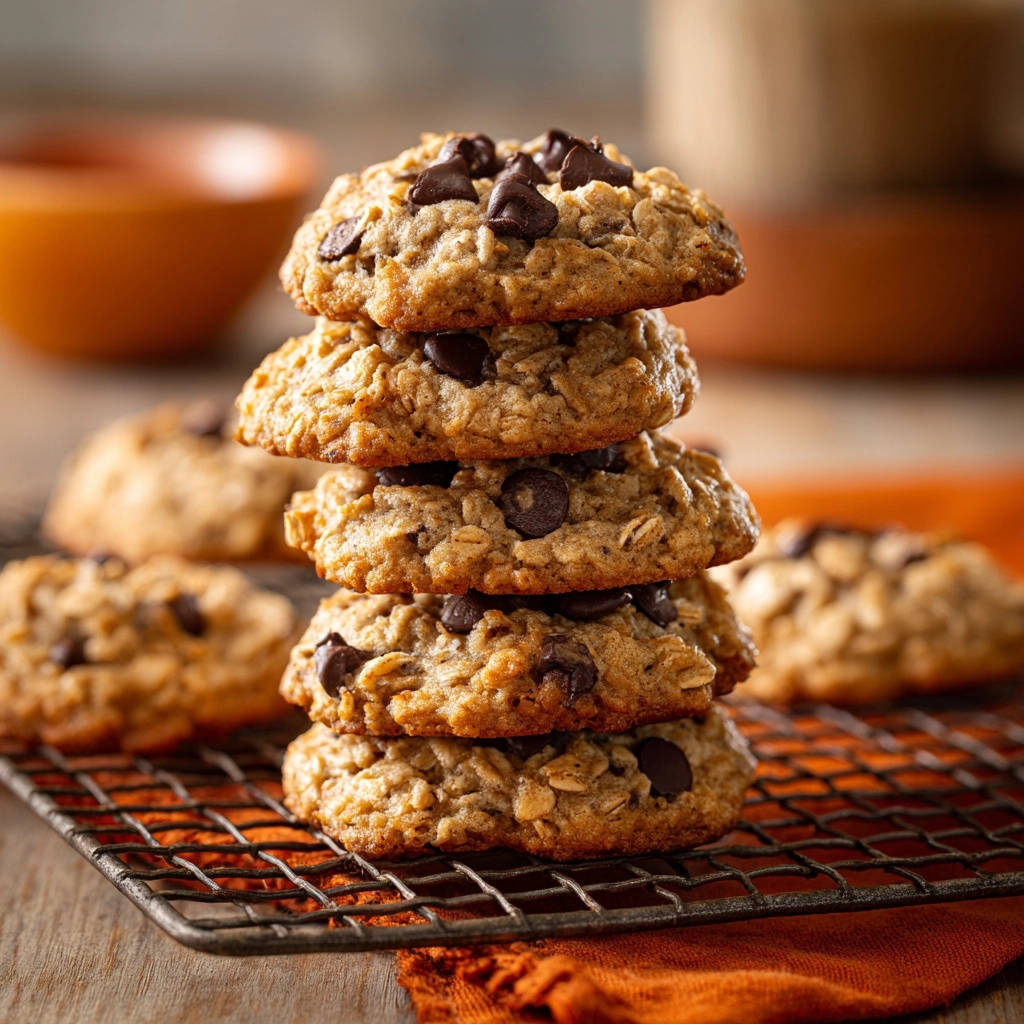 Best Ever Chewy Oatmeal Chocolate Chip Cookies stacked cooling on a wire rack with an orange napkin.
