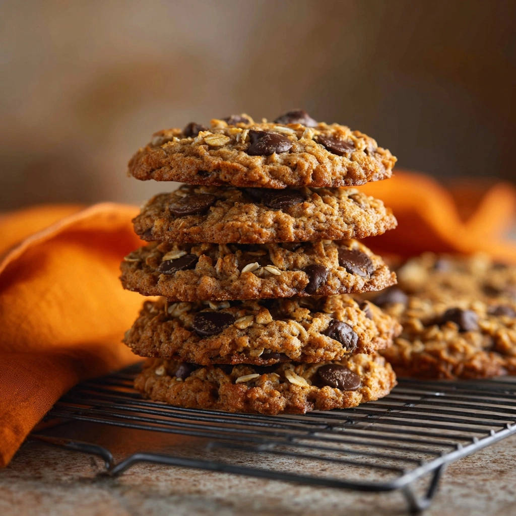 Best ever chewy oatmeal chocolate chip cookies stacked on a cooling rack with an orange napkin nearby.