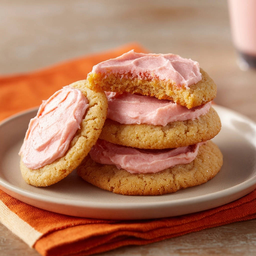 Chewy strawberry frosted cookies stack, showing a close-up cross-section of the soft cookie and pink frosting.