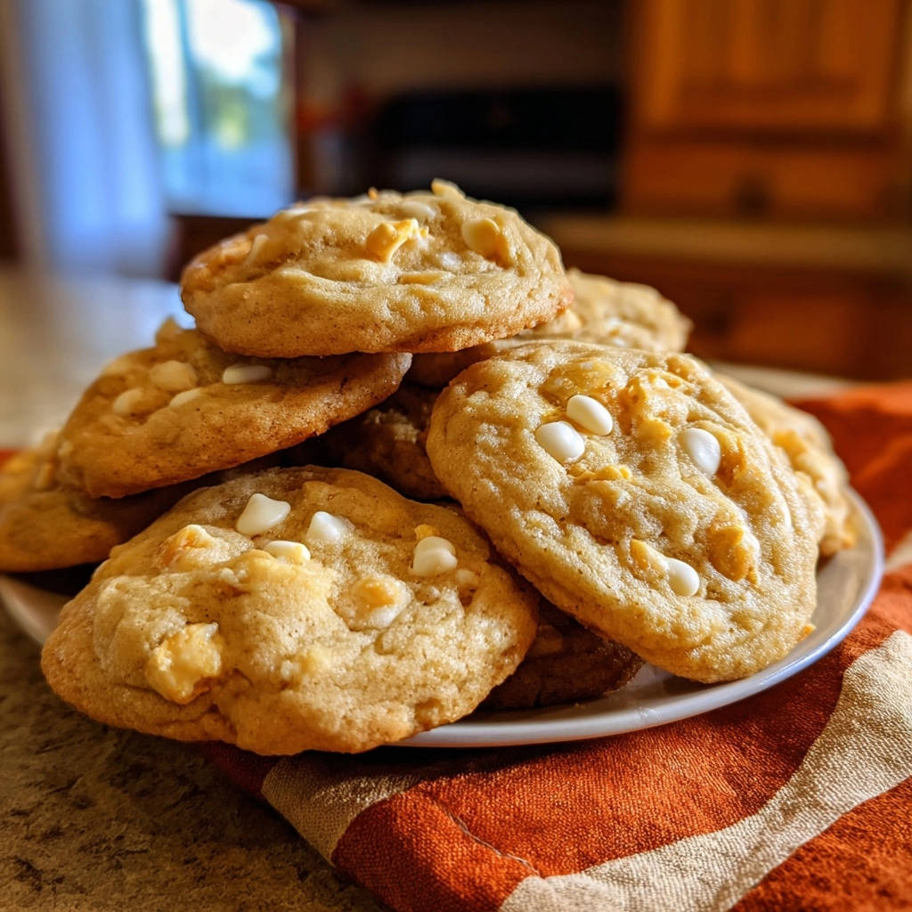 Chewy white chocolate chip cookies piled high on a white plate with an orange and white striped napkin.