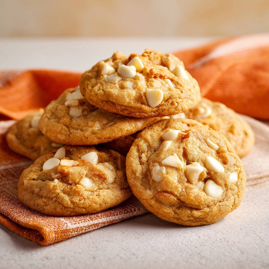 Chewy white chocolate chip cookies stacked on an orange napkin, showcasing their soft texture and white chocolate chunks.