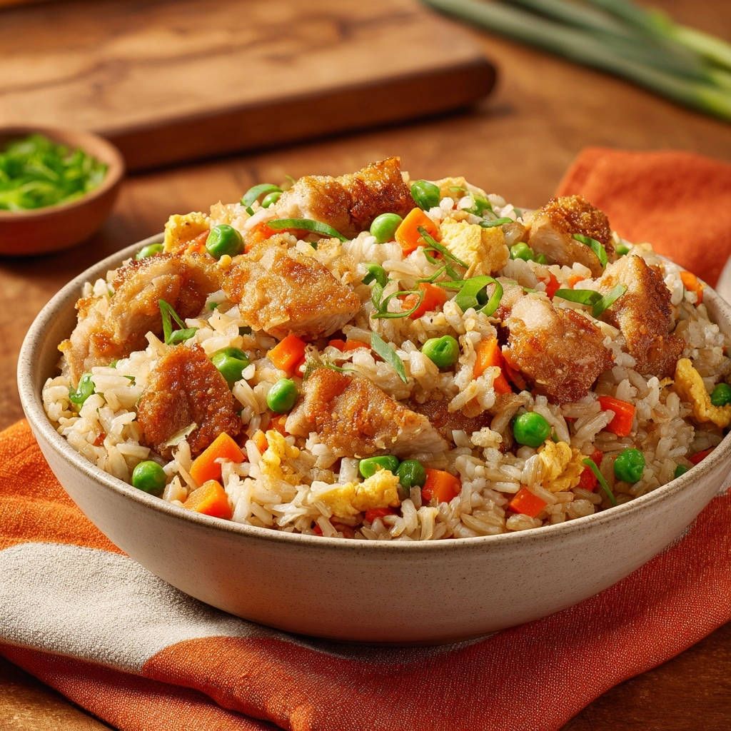 Classic chicken fried rice in a bowl, showing tender chicken pieces, fluffy rice, and vibrant green peas.