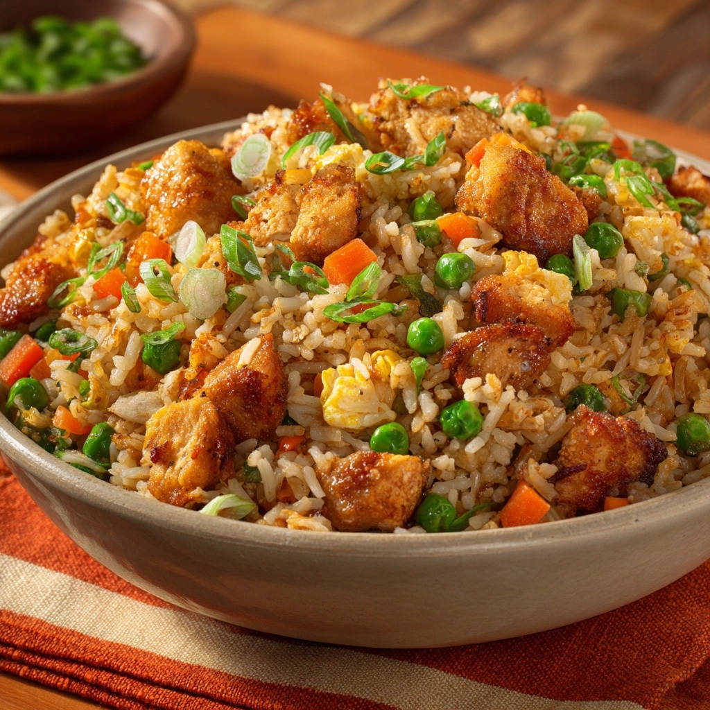 Classic chicken fried rice with fluffy grains, peas, and carrots served in a close-up bowl.