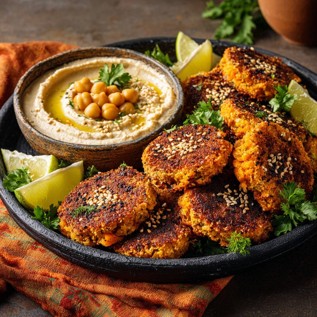 Crispy chickpea & herb patties with a side of hummus, garnished with chickpeas and parsley.