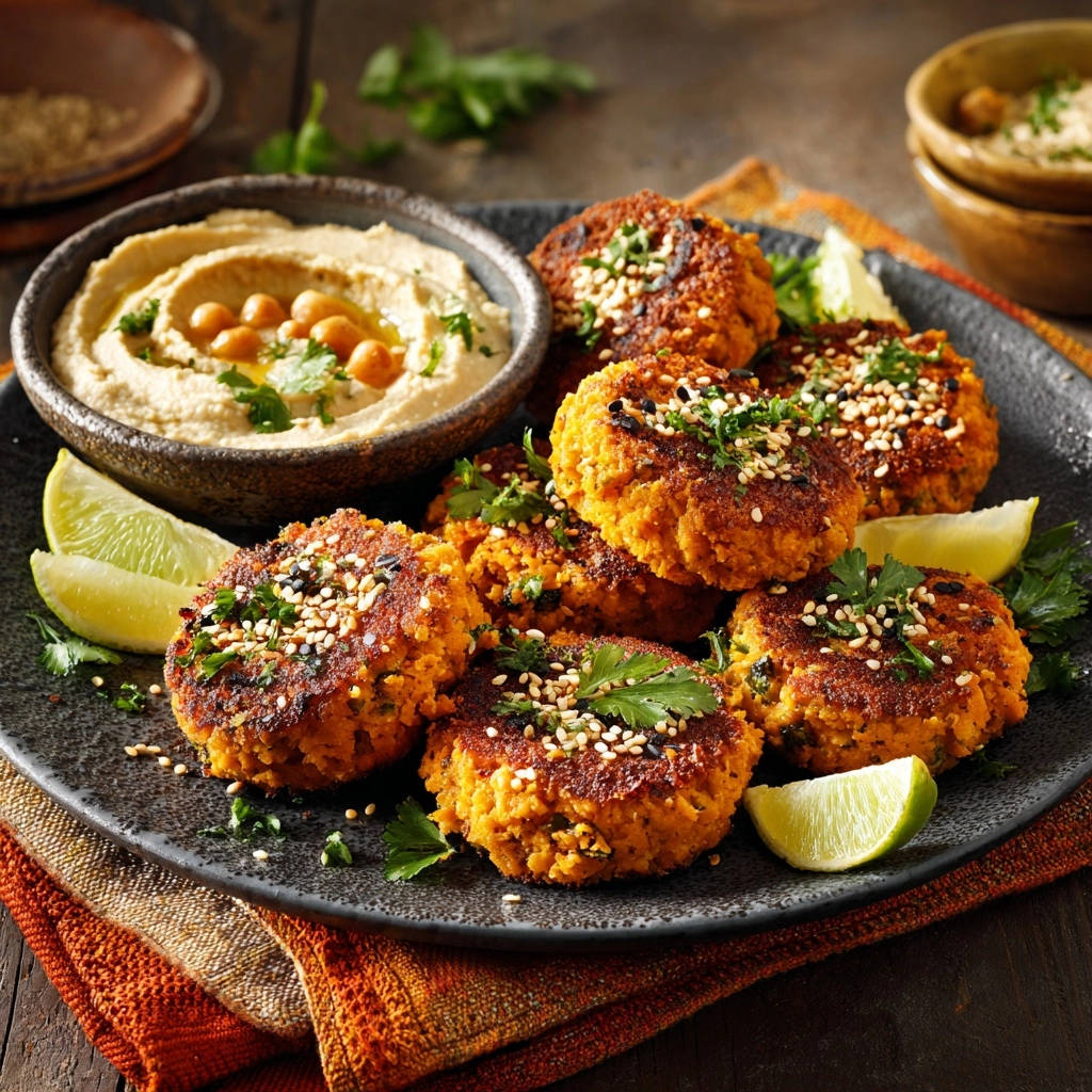 Crispy chickpea & herb patties served with hummus and lime wedges on a dark plate.