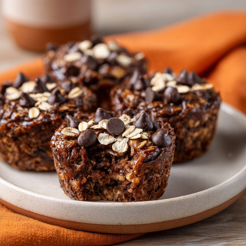 Chocolate chip baked oatmeal cups shown in a close-up with a bite taken out, revealing the moist interior.