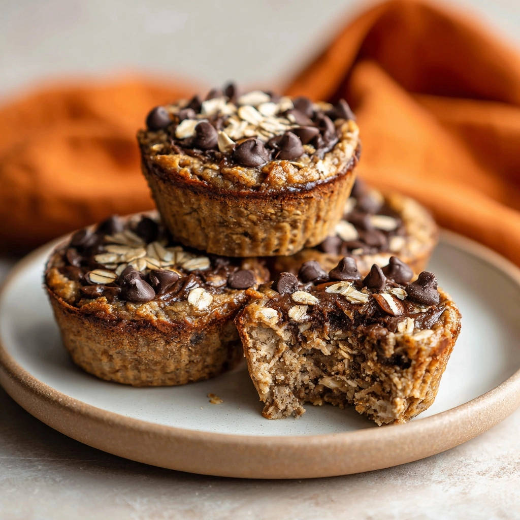 Chocolate Chip Baked Oatmeal Cups shown in a close-up cross-section with a bite taken out.